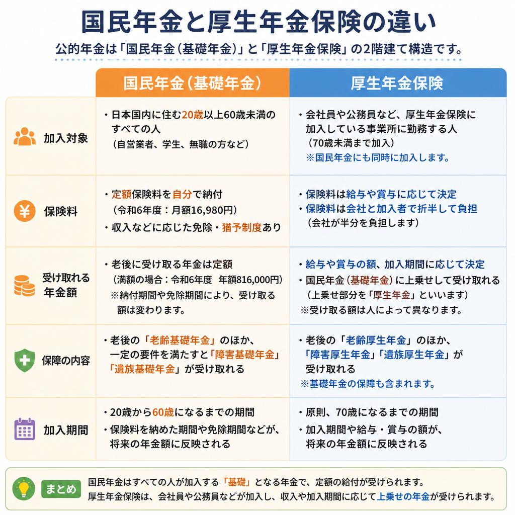 国民年金と厚生年金の主な違い